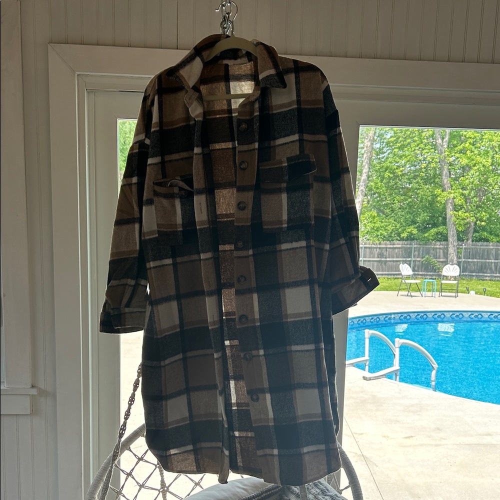 Plaid Button-Up Shacket in Brown and Black